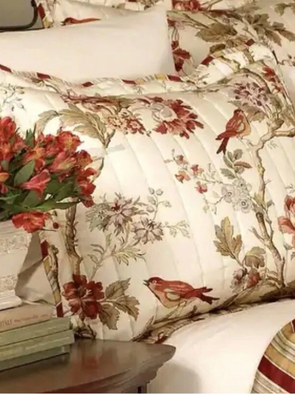 2 Waverly Charleston Chirp King Beige Bird Floral Cotton Quilted Pillow Shams